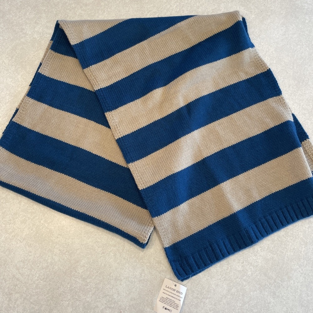 NEW Land's End Scarf Stripe Navy blue Tan Knit Unisex Classic 15 X 64